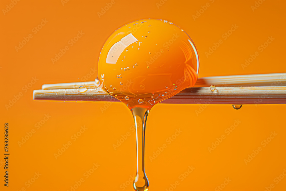 A yellow egg is being held by chopsticks with a drizzle of honey on top. A chopstick holding a egg yolk as it descends in a liquid state, in a commercial photography style with bright colors - obrazy, fototapety, plakaty 