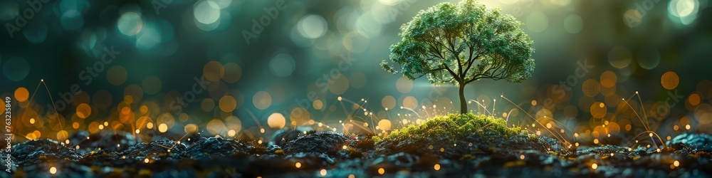 A tree growing in the ground with digital icons and data flowing from ...