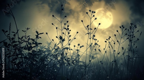 Silhouetted plants with full moon in night sky