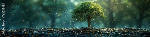 A tree growing in the ground with digital icons and data flowing from it, representing technology's role as a symbol for environmental protection. The background is blurred, creating a sense of depth.