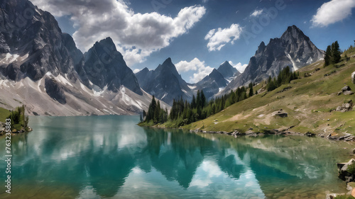 View of a beautiful mountain lake. Mountain lake reflection. Beautiful mountain lake. Mountain lake landscape. AI generated image, ai