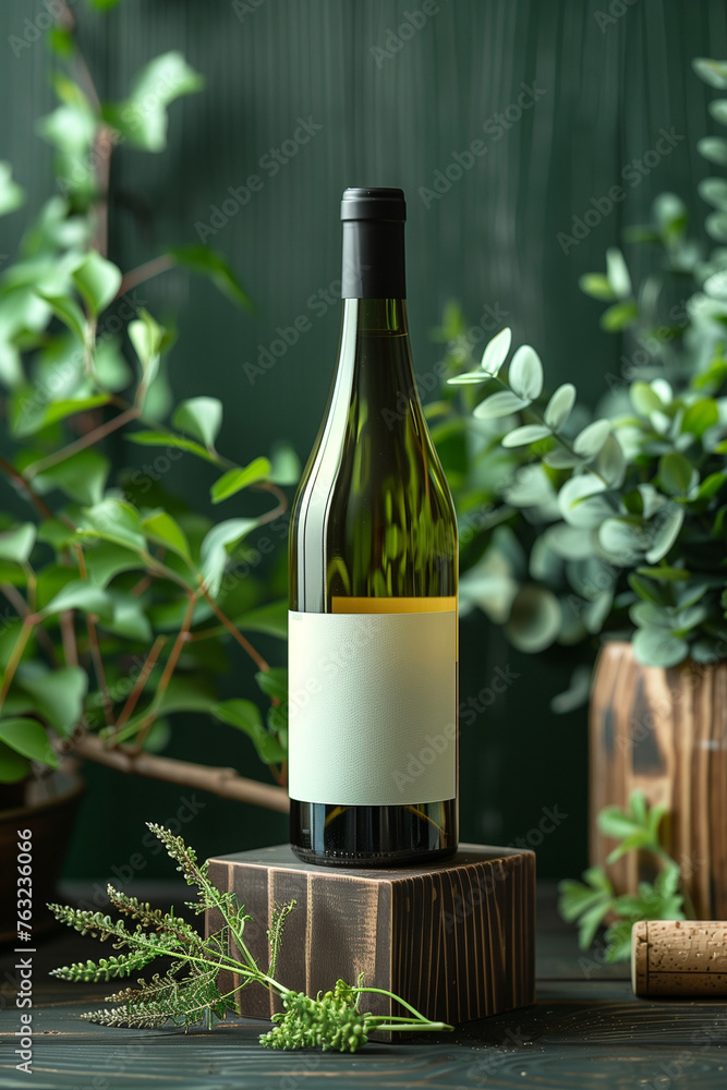 Wine bottle on wooden pedestal | Blank label | Lush greenery backdrop | Natural wood textures | Soft lighting | Botanical accents | Elegant presentation | Minimalist design | Wine Bottle Label Mockup
