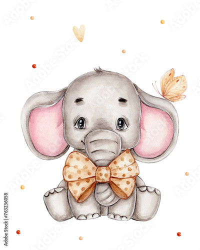 Little elephant and bow  watercolor hand drawn illustration © Нина Новикова