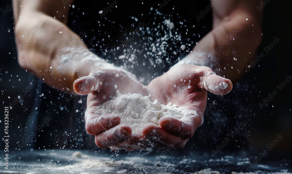 Fototapeta premium close-up hands holding flour, cook preparing to bake, kitchen 