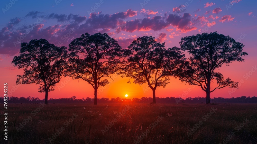 Sunset silhouettes of trees against a colorful sky