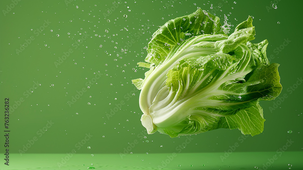 A fresh Chinese cabbage flying in the air green background - obrazy, fototapety, plakaty 