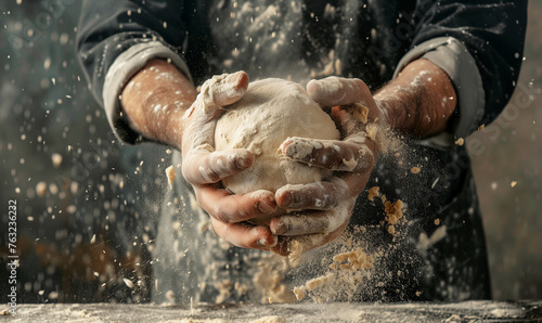 close-up hands holding dough and flour, cook preparing to bake, kitchen 