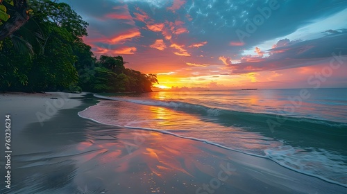 Captivating sunrise over a tropical beach with a vibrant sky and serene seascape. Concept Nature, Sunrise, Beach, Sky, Seascape © Anastasiia