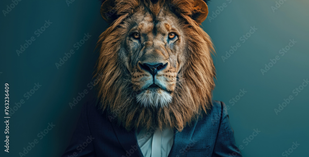 Lion in an elegant business suit on a blue background. Generative AI.