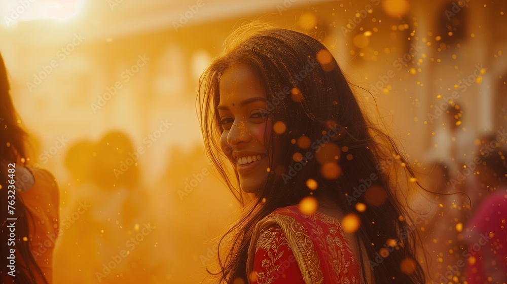 Hinduska kobieta odwraca się przez ramie uśmiechając się pięknie podczas celebracji kolorów Holi. - obrazy, fototapety, plakaty 