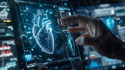 Heart hologram, check test results on virtual interface, and analyze data. Heart disease, myocardial infarction, innovative technology, medicine of the future. Generative Ai