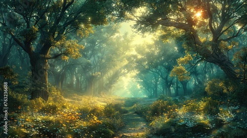Mystical Sunlit Forest Path with Flowers - A serene forest path lit by a soft glow through the trees, blanketed by yellow flowers and verdant foliage