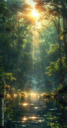 Waterfall cascading into a forest river at sunrise - Majestic waterfall spilling into a river in the heart of the forest, illuminated by the morning sun