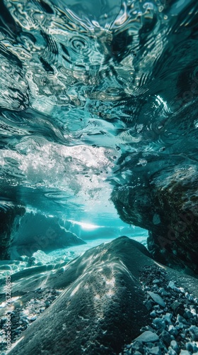 Underwater view with rocks and light rays
