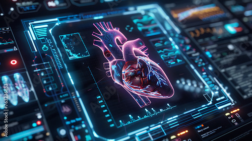 Heart hologram, check test results on virtual interface, and analyze data. Heart disease, myocardial infarction, innovative technology, medicine of the future. Generative Ai © Handz