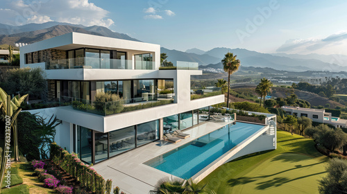 Modern villa built over a single floor in L shape, overlooking golf course in a valley. Generative AI.