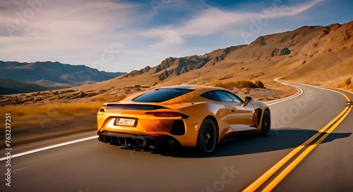 yellow sports car is moving along the road at speed