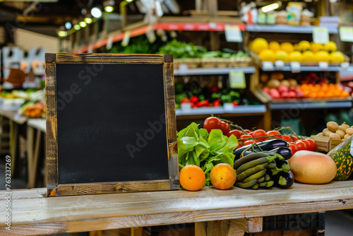 Farmers market counter, vegetarian, vegan food, blank chalk board on table, sale menu © VetalStock