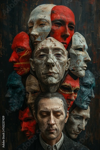 Artistic depiction of a person wearing various masks to signify the complexity of the different identities we display in modern society.