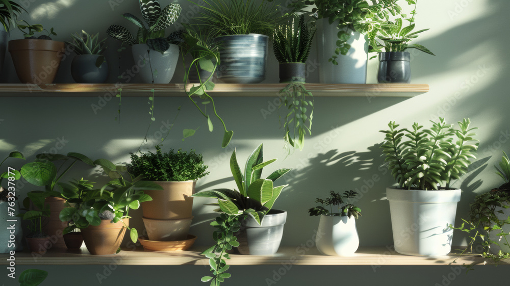 Lush indoor garden with an array of potted houseplants on shelves. Lush indoor garden with an array of potted houseplants on shelves.