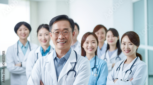 Asian doctors and nurses team in a hospital, Group of smiling healthy Asian doctors and nurses are smiling with confident, a sense of welcoming