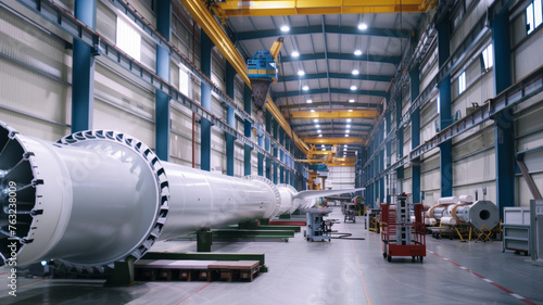 Gigantic wind turbine components housed in a spacious industrial facility.