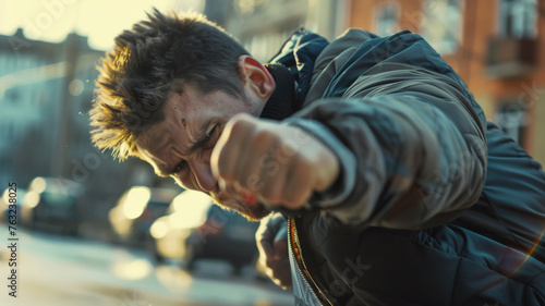 Dramatic pose of a young man throwing a punch with an intense street backdrop.