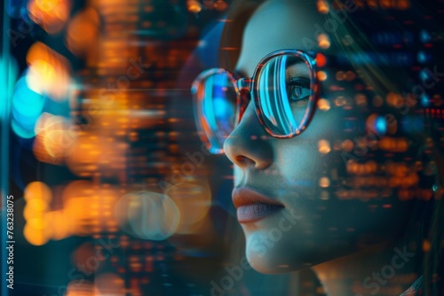 An imaginative portrayal of a bespectacled female engrossed in the realm of cutting-edge coding and computational analytics.
