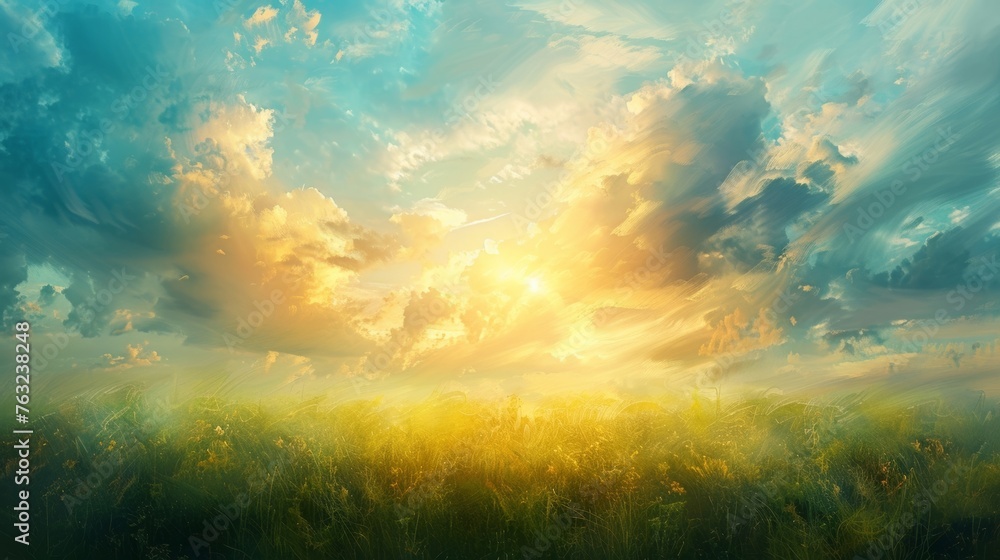 Soft brush strokes form an impressionistic sky scene, capturing the ambiance and radiant sunlight on a beautiful spring morning. Soft brush strokes form an impressionistic sky scene, capturing the ambiance and radiant sunlight on a beautiful spring morning.