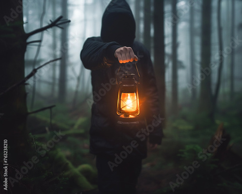 A leader holding a lantern in a dark forest guiding their team through the dangers