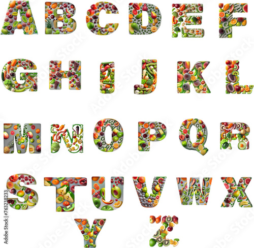 English alphabets designed with fruits and vegetables attractive to study letters for childrens 