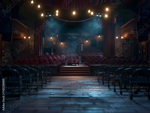 A dimly lit theater stage with rows of empty seats, Hyper realistic.