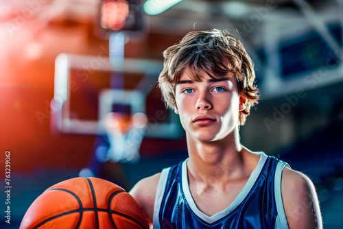 Garçon tenant un ballon de basket, adolescent joueur de basket-ball