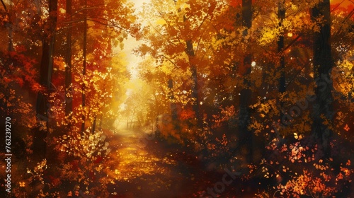Enchanted autumn forest with golden sunlight