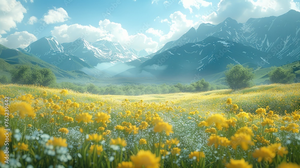Rapeseed Flower Sea In the middle of the valley, Mountains. Generative AI.