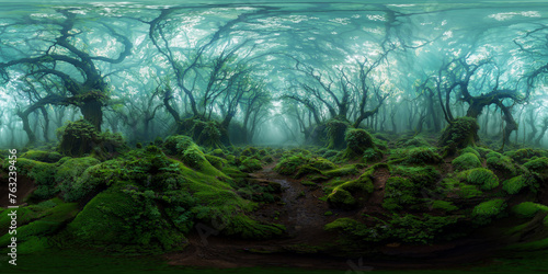 Fototapeta Naklejka Na Ścianę i Meble -  Misty morning in the forest 8K VR 360 Spherical Panorama
