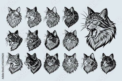 Bundle of meowing ragamuffin cat head in side view silhouette design