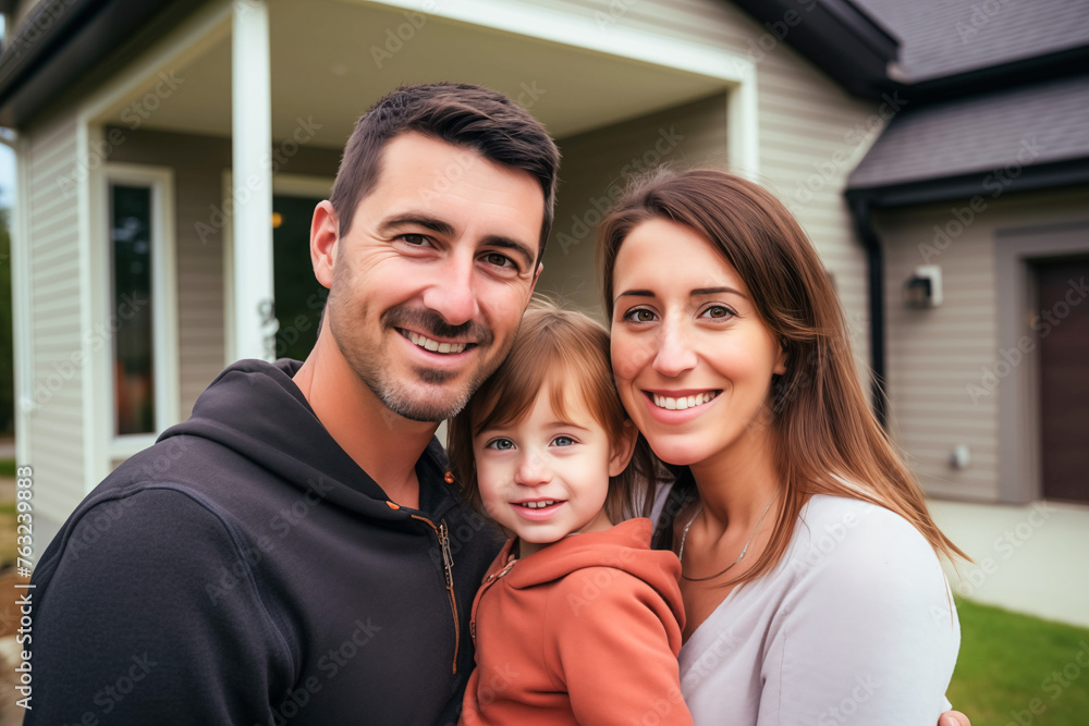 Happy family in front of house, real estate new house concept, people standing outside house Happy family in front of house, real estate new house concept, people standing outside house