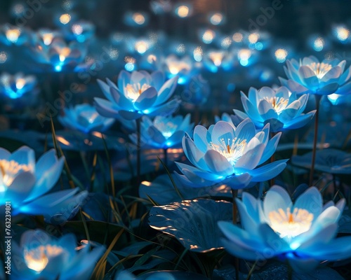 Close up of Intense glow emanating from bioluminescent blossoms in a dense garden, 3D render