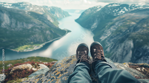 View from mountains lake river fjord - Hiking hiker traveler landscape adventure nature sport background panorama - Feet with hiking shoes from a woman standing resting on top of a high hill or rock © Natali