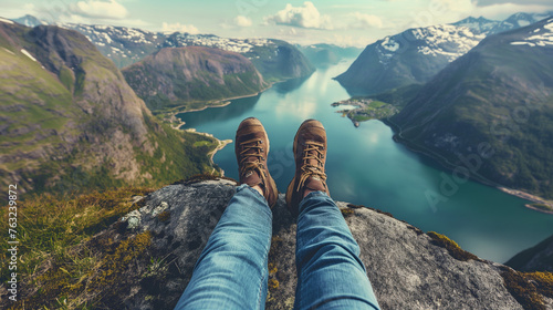 View from mountains lake river fjord - Hiking hiker traveler landscape adventure nature sport background panorama - Feet with hiking shoes from a woman standing resting on top of a high hill or rock photo