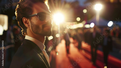 Suave man in sunglasses at a glitzy event, exuding confidence against the evening lights. photo