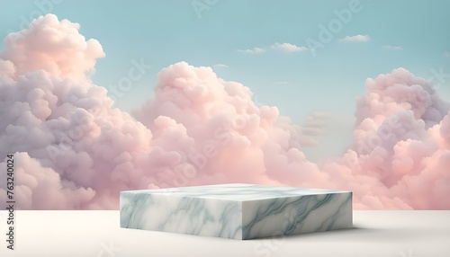 Fototapeta Naklejka Na Ścianę i Meble -  marble display platform with blue sky and pink clouds backdrop