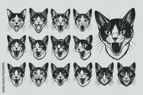 Cute meowing japanese bobtail cat head silhouette design set