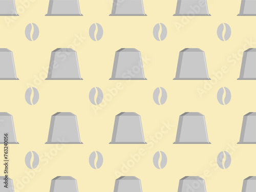 Seamless pattern made of coffee capsules and coffee beans, lied strictly on lines, with same gaps. Each capsule got shadows and glares, color: shades of grey. Ochre background. Vector illustration.