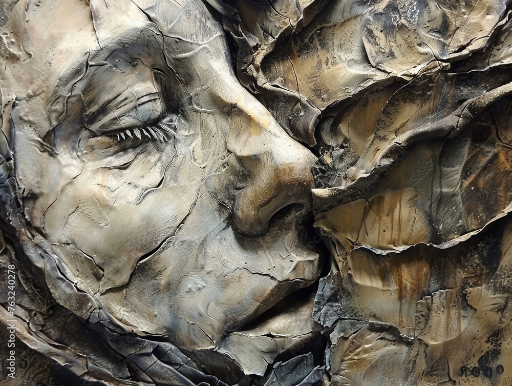 Intricate metal sculpture detail depicting human faces with textured finish in gallery setting.
