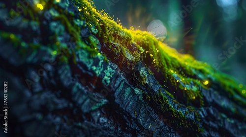 Macro shot capturing the radiant beauty of bioluminescent moss on tree bark.