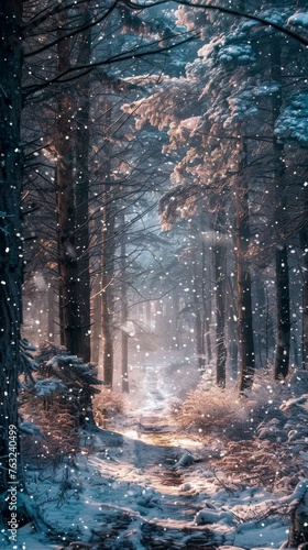 Enchanted snowy forest path with falling snowflakes at twilight