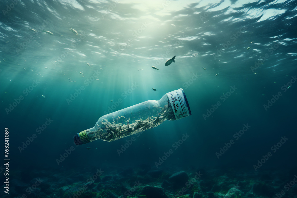 Naklejka premium Lone Bottle Among Marine Life