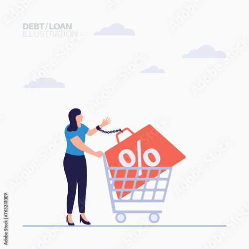 Woman with shopping cart trapped enjoying discounts and failing to pay taxes illustration concept
